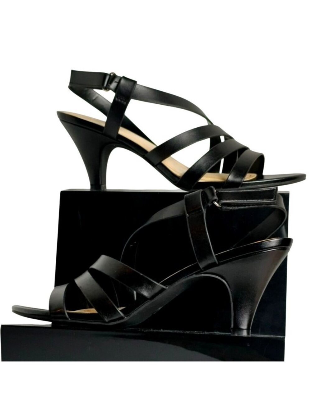 Marbella Womens 9 Heels Black Strappy Slingback Padded Sole 3" Kitten Sandal NEW